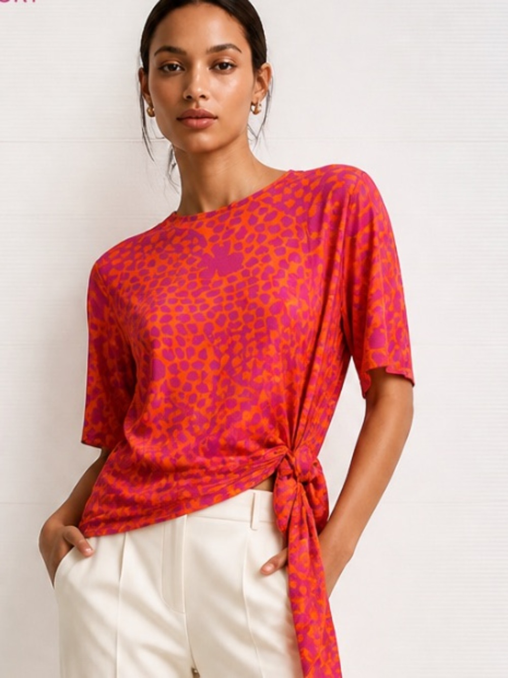 TED BAKER Abstract Tie Top Blouse Orange Pink Short Sleeve Lightweight